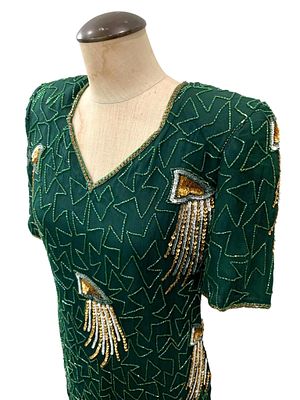 Opulent Vintage Pine Silk Iridescent Glass Bead, Gold & Silver Sequin Encrusted Cocktail Dress. P 