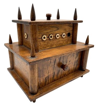 19th Century Folk Art Lidded Spool Sewing Caddy, Dovetail Drawer, Spire Tipped Wood Thread Box. W 