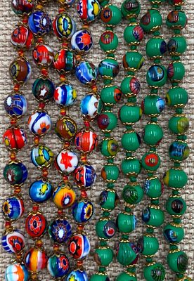 Pair Vibrant Vintage Venetian Murano Millefiori Art Glass Bead Necklaces. Each hand knotted with 