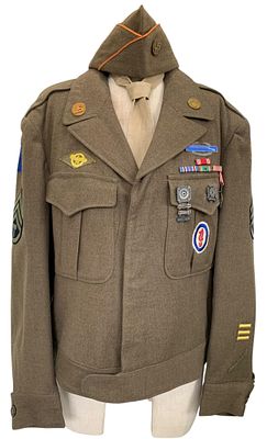WWII US 22nd Infantry Regiment 1944 D Day Army Soldiers Wool Ike Field Jacket, Badges, Ribbons, Cap