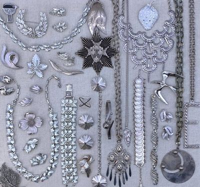 40 pc CORO, Trifari, Sterling Black Diamond, Mid Century Vintage Silver Jewelry Collection. Many 