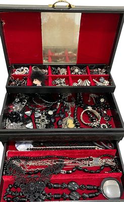 Large Mid Century Ruby Velvet Lined Jewel Box Full of Vintage Jewelry & Raven Beaded Evening Bag. 