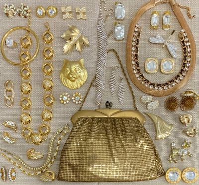 46 pc Whiting & Davis Golden Mesh Evening Bag & Vintage Glam Dior, BSK, SAL, Jewelry Collection. 