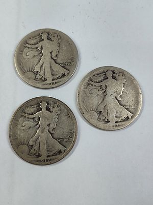 3-1917 Walking Liberty Half Dollars. 90% Silver?Showing heavy wear