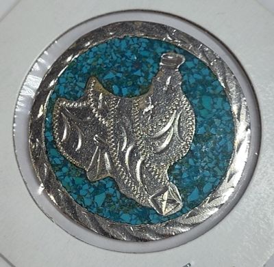 Mexican Silver Tone w/ Stone and Turquoise Inlay Token. Great condition unmarked token unsure 