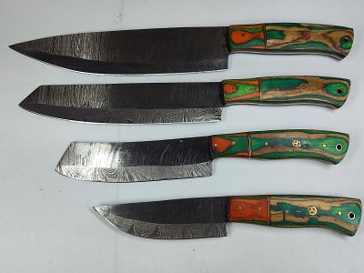 Premium Hand Forged Multi Color Wood Handled Steel Blade Damascus Knives Lot of 4. This great 