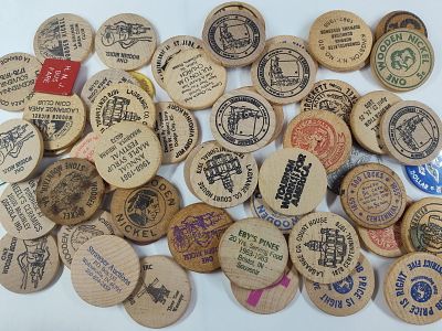 Collector Lot of Wooden Nickels, Wooden Quarters, Tokens, Souvenirs and More. Great loaded 