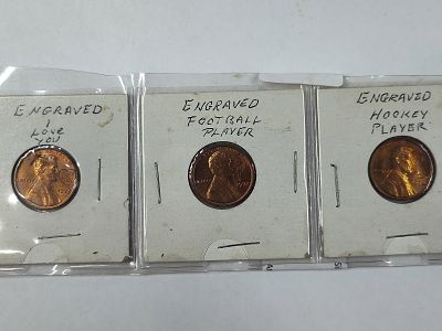 Altered U.S. Coin/Novelty 1972-73 Engraved Lincoln Cents w/ I Love You, Football and Hockey Player. 