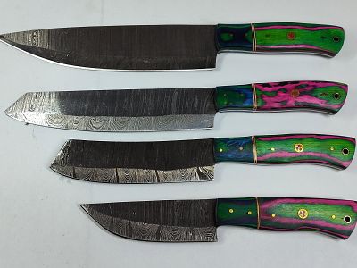 Damascus Hand Forged Steel Fixed Blade Knives w/ Multi Colored Wood Handles. Great lot of 4 