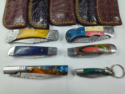 Damascus Hand Forged Steel Blade Folding Pocket Knife Lot w/ Leather Sheathes Inc. 6 Knives. Grea 