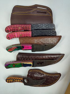 Damascus Hand Forged Steel Fixed Blade Knives w/ Multi Colored Wood Handles and Leather Sheathes. 