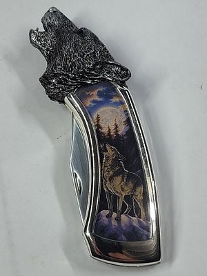 Franklin Mint Folding Great Wolfe Collector Pocket Knife w/ Case. Great like new condition