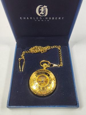 Charles Hubert Paris Gold Tone Visible Face Ornate Pocket Watch w/ Chain and Case. NOS?Great 