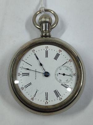 Waltham 15 Jewel Open Face Mens Pocket Watch w/ Silverode Case. Good early condition
