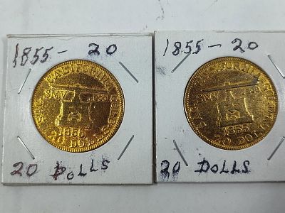 1855 Blake and Co. Assayers California Gold Faux $20 Gold Tone Tokens Lot of 2. Showing wear??