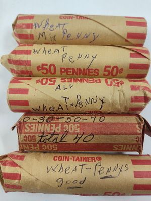 Wheat Penny Rolls Inc. Roll w/ Various Dates Lot of 5 Rolls. Lot of 4 complete rolls of wheat 