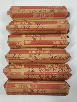 1920's to 1960's Rolls of Pennies Various Dates. This lot includes 6 rolls of various dates 