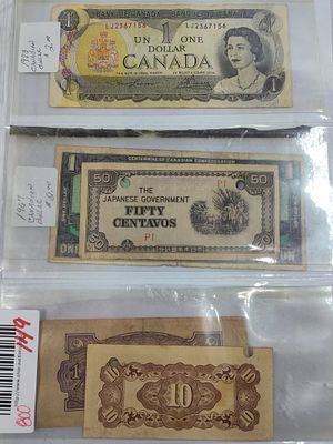 Japanese and Canadian Paper Currency Lot. This lot includes 1973 Canadian Dollar billJapanese PI 