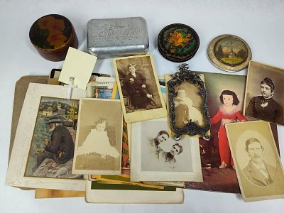 Early Cabinet Cards, Photos, Post Cards, Soap Tin, Trinkets Boxes and More. This great assorted 