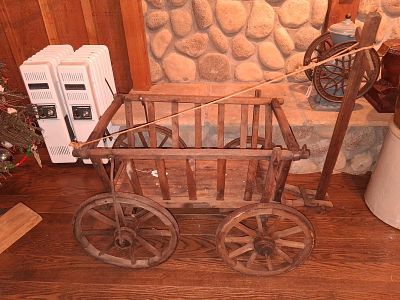 Primitive Wooden Goat Cart w/ Spoke Wheels. Bed is 17.5 x 36. This primitive hand-crafted wooden 