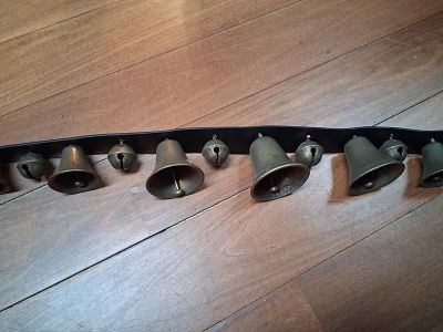 Brass Harness Sleigh Bells. 44 inches long. A set of antique brass horse harness sleigh bells 