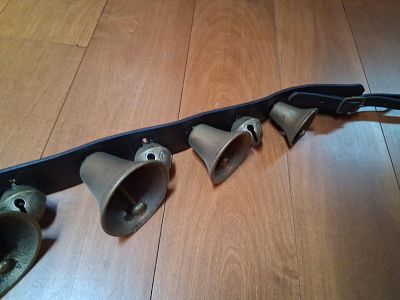 Antique Brass Horse Harness Shaft Bells on Leather. 44 inches long. This lot consists of a set 