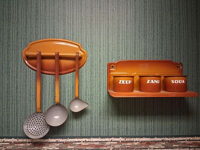 Pair Dutch Shaded Orange Enamel Kitchen Organizers. This lot features two vintage wall-mounted 