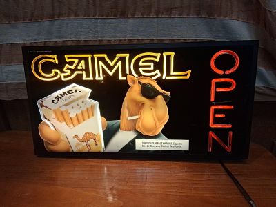 Joe Camel Light-Up OPEN Sign. A vintage Camel Cigarettes light-up point-of-sale advertising sign 