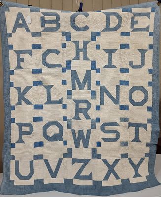 American Blue & White Applique Alphabet Quilt. 55 x 68 This antique alphabet quilt features a 