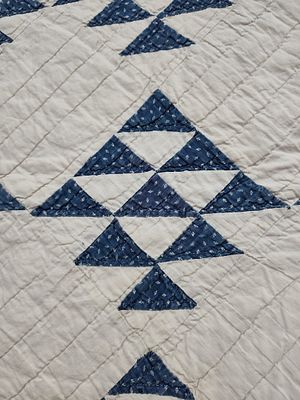 Indigo & White Cotton Delectable Mountains Quilt. 72 x 72 An American hand-pieced and 
