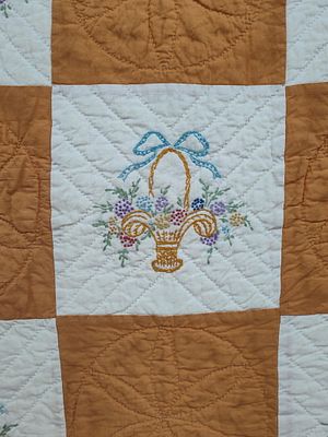 Mid-20th C. American Hand-Quilted Basket Quilt. 70 x 76 A vintage hand-stitched cotton quilt 