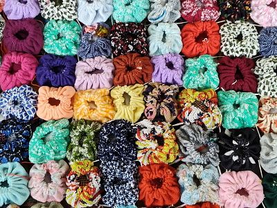 Victoria Campbell Mixed Fabric Yo-Yo Quilt. 46 x 52 This vintage handmade yo-yo quilt or 