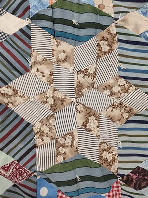 American Tied Scrap Quilt, Six-Pointed Star. 62 x 72 This vintage American folk art tied quilt 
