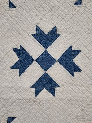 Antique American Indigo and White Hand-Stitched Cotton Quilt in Carolina Lily Pattern. 60 x 72 