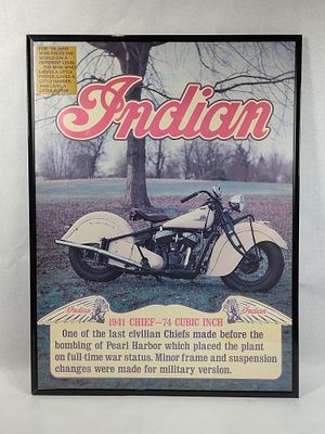 1941 Indian Chief Motorcycle Print. 24x18 This framed decorative print features a photographic 