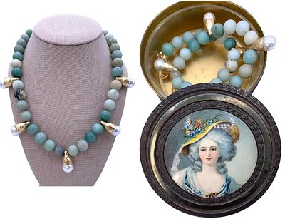 Antique Mirrored Glass Lined Dresser Box with Superb Amazonite Necklace. * Large 13mm Amazonite 