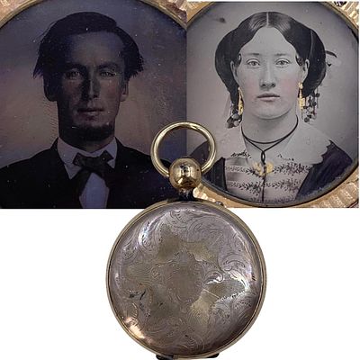 Civil War Era Double Ambrotype Large Size Victorian Sweetheart Locket. Measuring 39mm width 