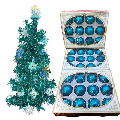 50 pc Vintage SHINY BRITE Teal Glass, Beaded Ornaments, & Aqua Tinsel Tree Christmas Decorations. 