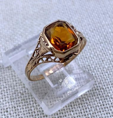 Antique 10k Yellow Gold Victorian Rectangular High Rise Filigree Citrine Ring. Partial 10k 