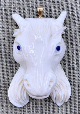 Large Hand Carved Horned Mythical Goat Pendant with Inlaid Lapis Eyes and 14k Gold Hasp. 2 1/2" 