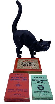 3 packs of 1940, 1942 and 1943 Gypsy Fortune Telling Cards & Vintage Cast Iron Black Cat Door Stop. 