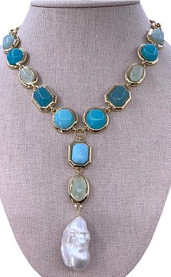 Luxe Large Baroque Freshwater Pearl and Amazonite Cabochon Statement Necklace. Gilded metal with 