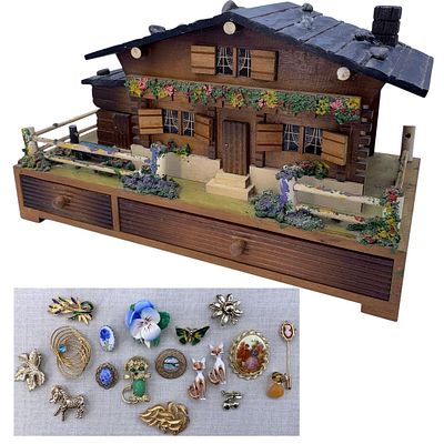 Vintage Made in Japan Swiss Chalet Musical 4 Compartment Jewelry Box with 17 Mid Century Brooches. 