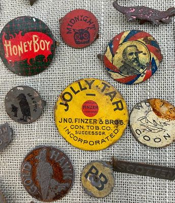 125 pc Antique Advertising Tin Tobacco Tags Collection. Fantastic variety of early Tobacco tags 