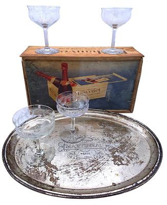 Vintage Wood French Champagne Box, Oval Cocktail Serving Tray & 4 Acid Etched Thistle Coupe Glasses