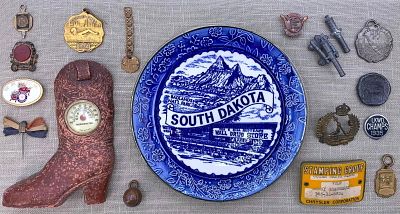 19 pc Antique to Vintage Miniatures, Old Sports Medals, Advertising, Charms and Badge Collection. 