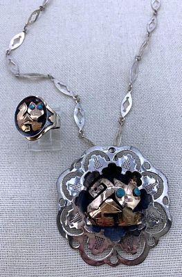 18k Gold and Sterling Silver Peruvian Pre Columbian Style Big Cat Pendant Necklace & Ring. Neckla 