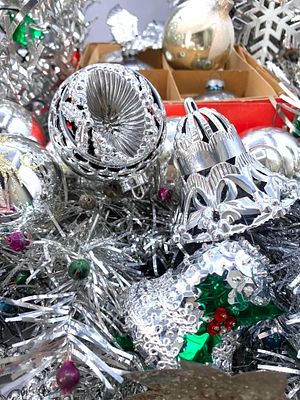 55 pc Mid Century Silver Mercury Glass, Vintage Japan Tinsel Decorations & Christmas Tree Ornaments