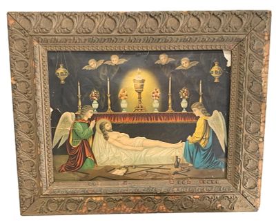 Gothic Antique Victorian Holy Grave of Christ Spiritual Lithograph in Early Gesso Wood Frame. Vic 