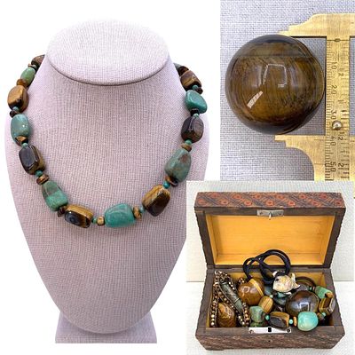 29 pc Sterling Silver, Tiger's Eye, Jasper, Whitney Kelly Agate, Turquoise Jewelry in Wood Chest. 